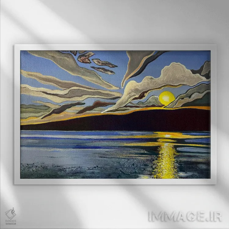 تابلو دکوراتیو غروب آفتاب بر مائویی اثر هیدن هیل - نمای قابدار سفید