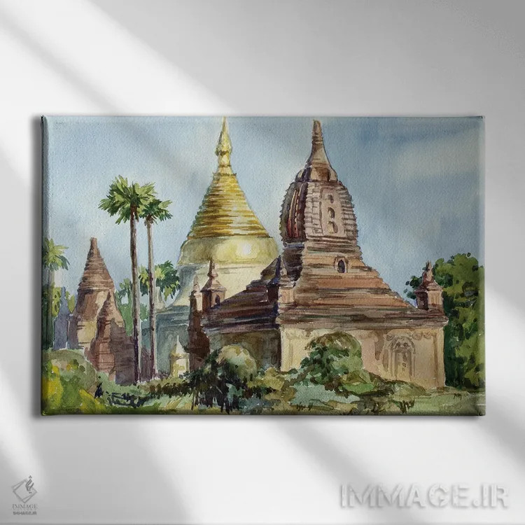 تابلو دکوراتیو پاگوداهای باگان در گذر زمان اثر کنتس آرت - نمای روبهرو روی دیوار