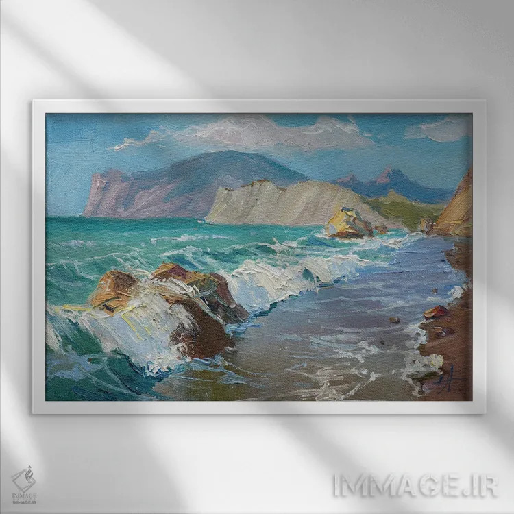 تابلو دکوراتیو شکسته شدن امواج اثر کنتس آرت - نمای قابدار سفید