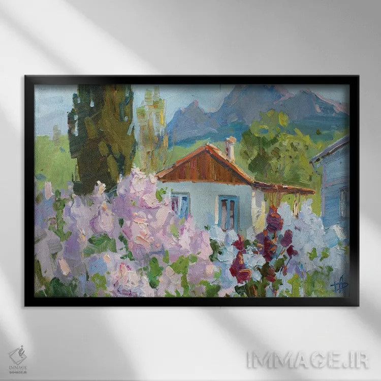 تابلو دکوراتیو کوکتبل، جشن یاس بنفش اثر کنتس آرت - نمای قابدار مشکی