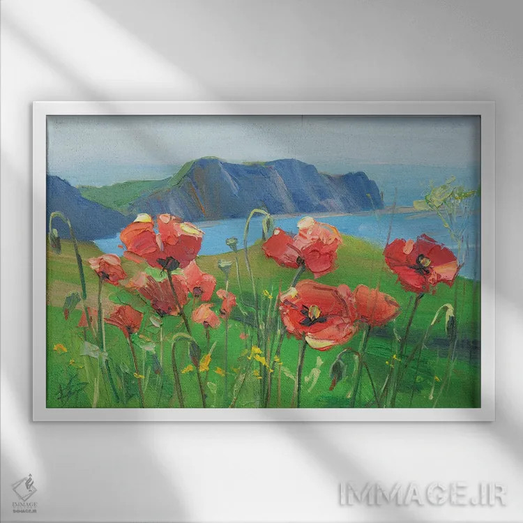 تابلو دکوراتیو شقایق های صحرایی اثر کنتس آرت - نمای قابدار سفید