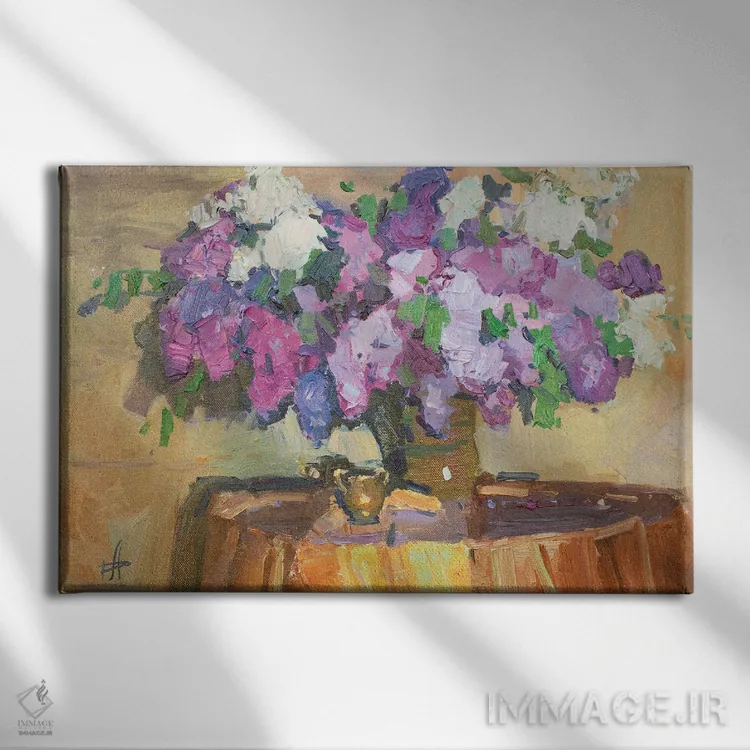 تابلو دکوراتیو یاس بنفش شبانه اثر کنتس آرت - نمای روبهرو روی دیوار