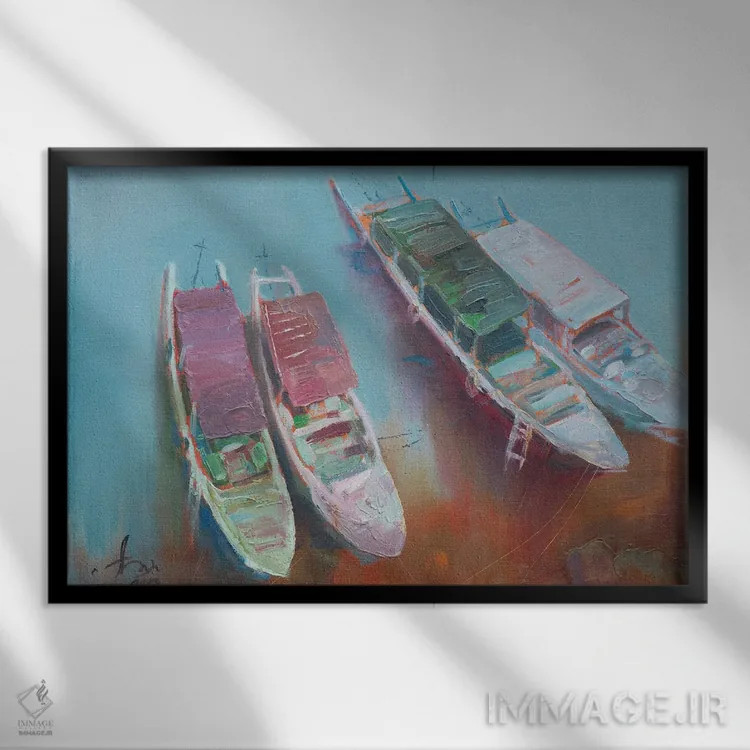 تابلو دکوراتیو کشتی های مسافربری در اسکله اثر کنتس آرت - نمای قابدار مشکی