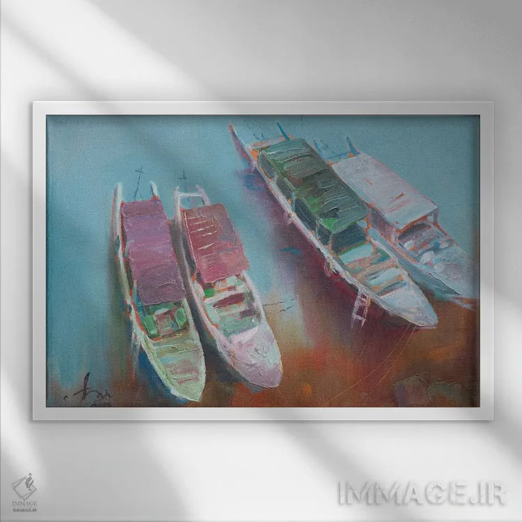 تابلو دکوراتیو کشتی های مسافربری در اسکله اثر کنتس آرت - نمای قابدار سفید
