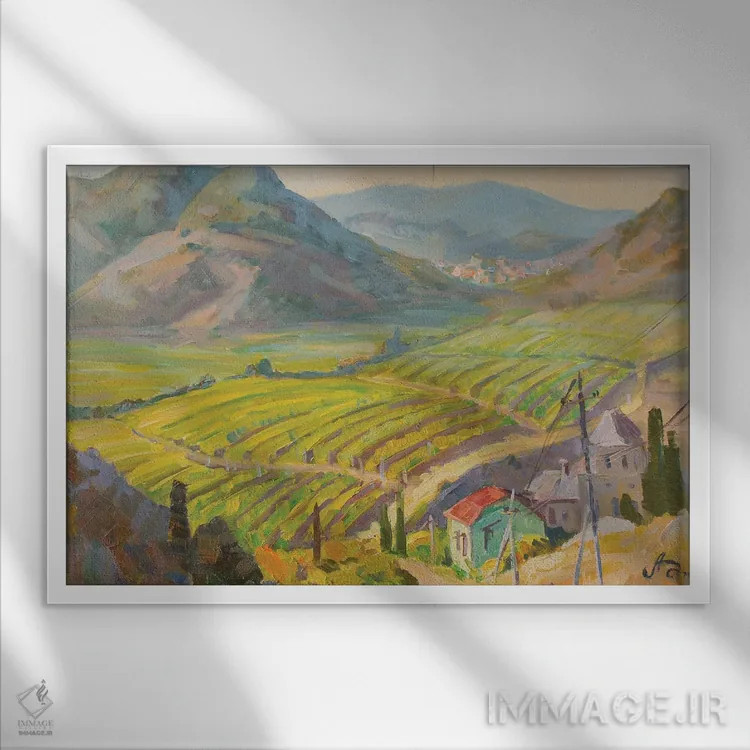 تابلو دکوراتیو تاکستان در کوه ها اثر کنتس آرت - نمای قابدار سفید