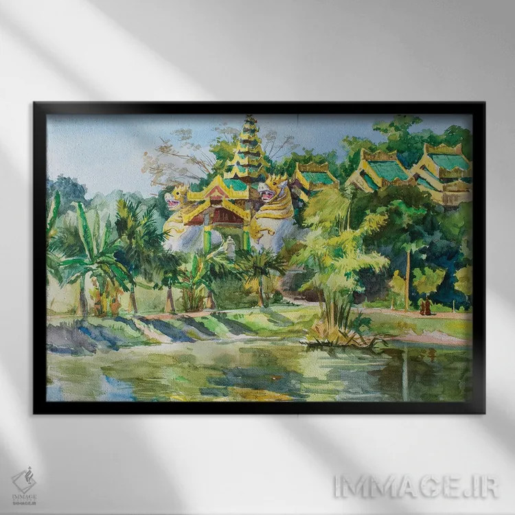 تابلو دکوراتیو معبد بودایی ارتش یانگون اثر کنتس آرت - نمای قابدار مشکی