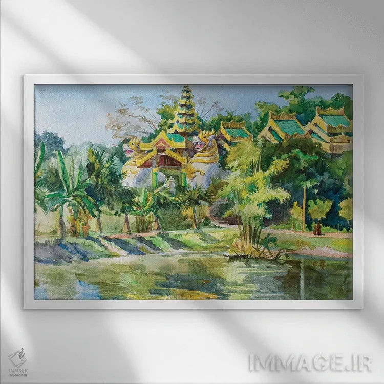 تابلو دکوراتیو معبد بودایی ارتش یانگون اثر کنتس آرت - نمای قابدار سفید