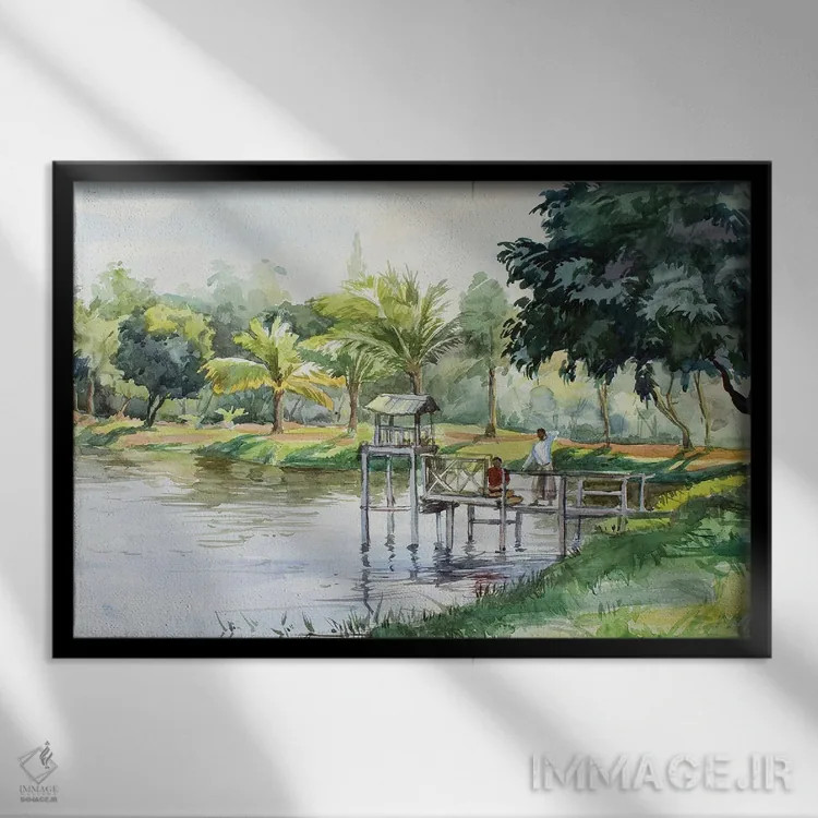 تابلو دکوراتیو معبد بودایی یانگون بر کناره استخر اثر کنتس آرت - نمای قابدار مشکی