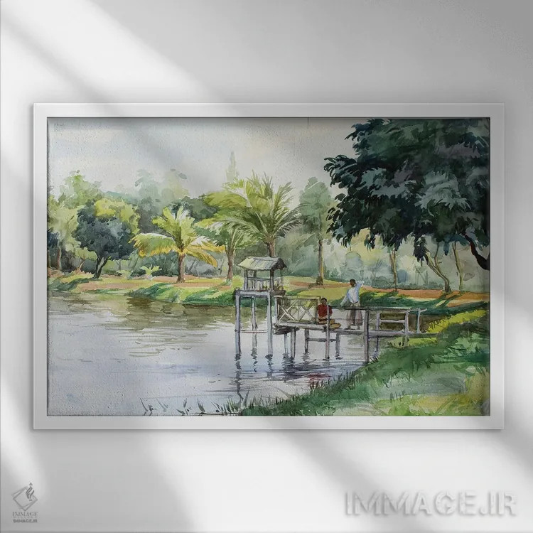 تابلو دکوراتیو معبد بودایی یانگون بر کناره استخر اثر کنتس آرت - نمای قابدار سفید