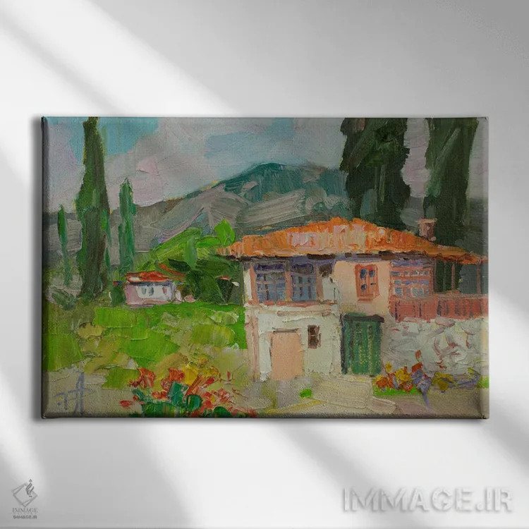 تابلو انتزاعی خانه ای در کوهستان اثر کنتس آرت - نمای روبهرو روی دیوار