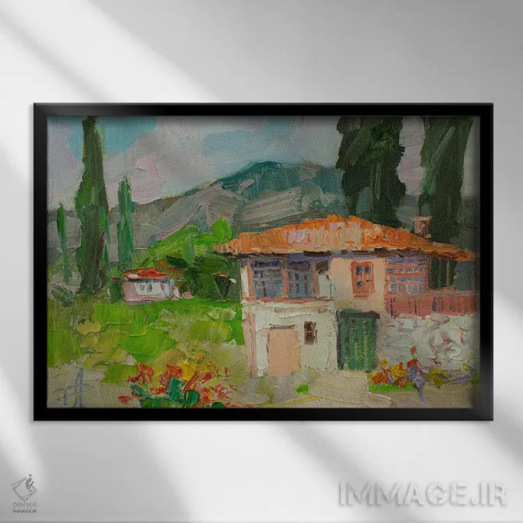 تابلو انتزاعی خانه ای در کوهستان اثر کنتس آرت - نمای قابدار مشکی