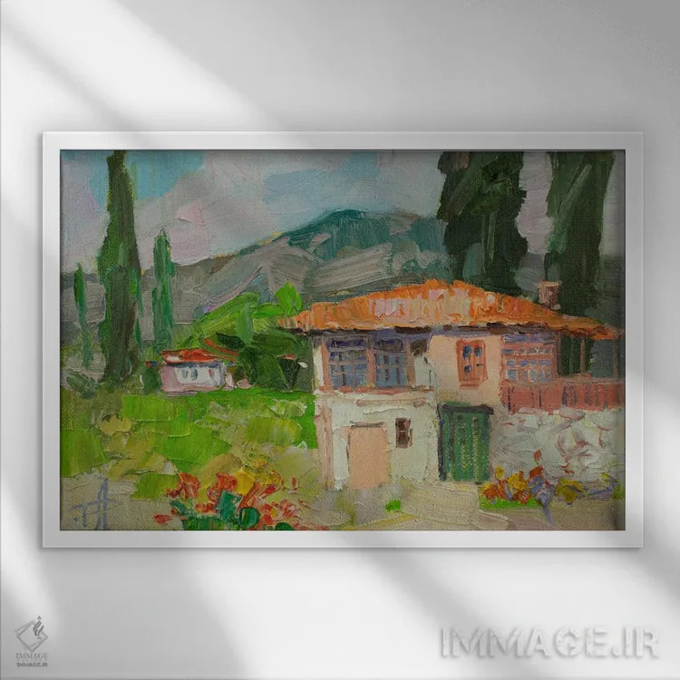 تابلو انتزاعی خانه ای در کوهستان اثر کنتس آرت - نمای قابدار سفید