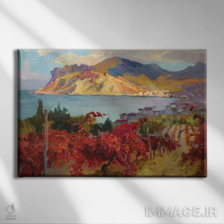 تابلو دکوراتیو تاکستان پاییزی کنار ساحل اثر کنتس آرت - نمای روبهرو روی دیوار