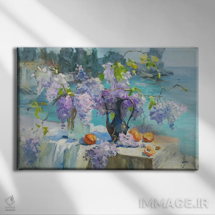 تابلو دکوراتیو طبیعت بی جان ویستریا شکوفا اثر کنتس آرت - نمای روبهرو روی دیوار