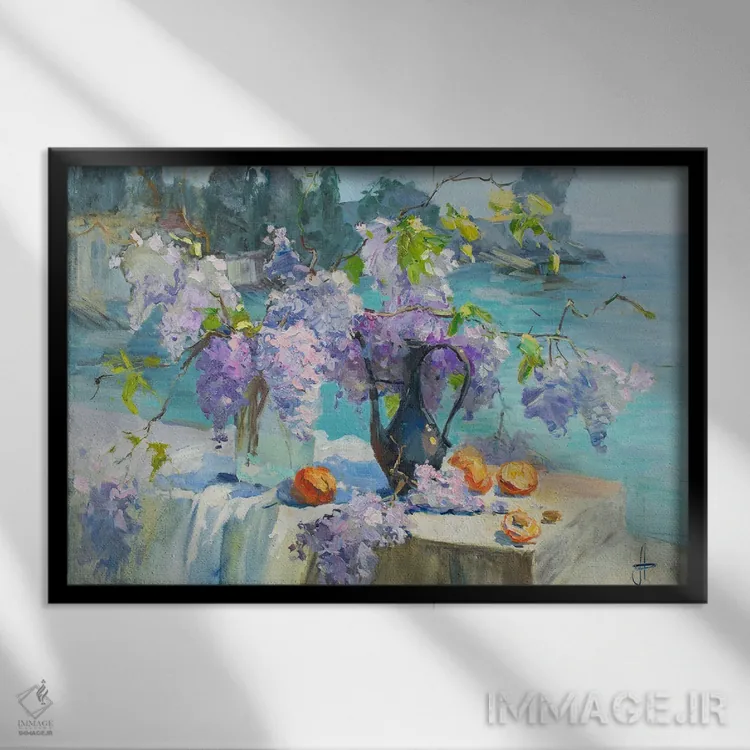 تابلو دکوراتیو طبیعت بی جان ویستریا شکوفا اثر کنتس آرت - نمای قابدار مشکی