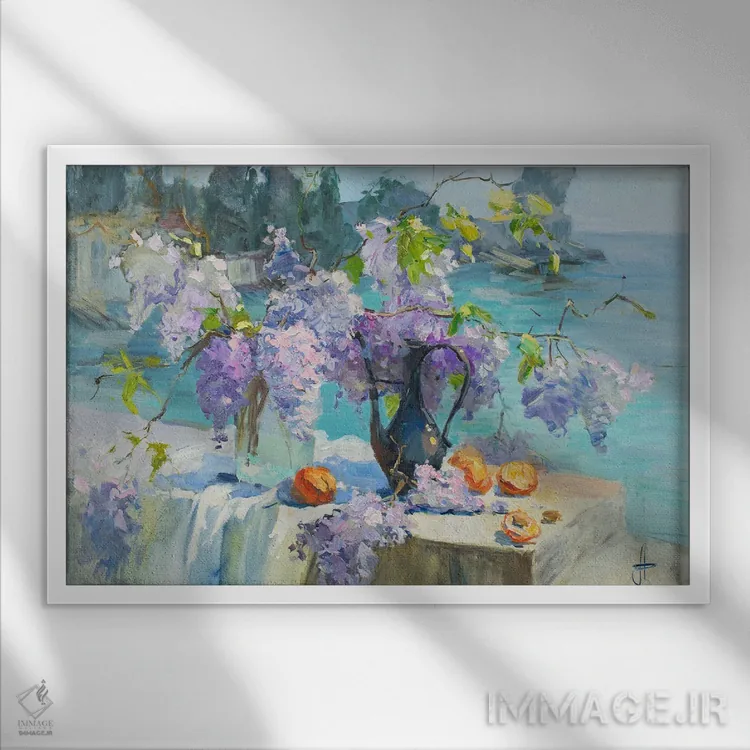 تابلو دکوراتیو طبیعت بی جان ویستریا شکوفا اثر کنتس آرت - نمای قابدار سفید