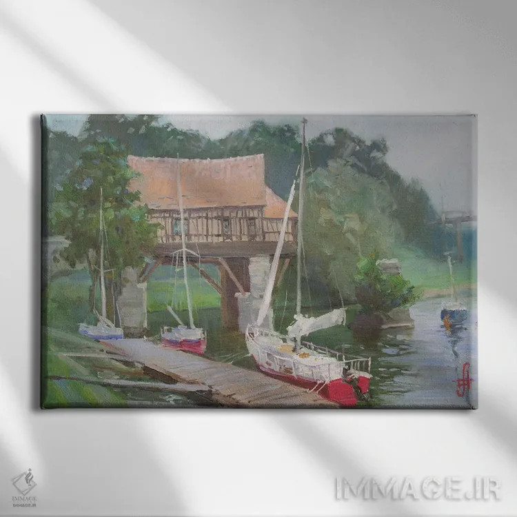 تابلو دکوراتیو قایق های تفریحی ورنون نزدیک آسیاب قدیمی فرانسه اثر کنتس آرت - نمای روبهرو روی دیوار