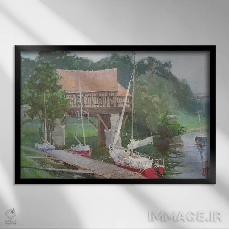 تابلو دکوراتیو قایق های تفریحی ورنون نزدیک آسیاب قدیمی فرانسه اثر کنتس آرت - نمای قابدار مشکی