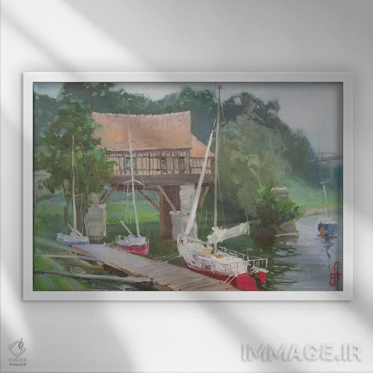 تابلو دکوراتیو قایق های تفریحی ورنون نزدیک آسیاب قدیمی فرانسه اثر کنتس آرت - نمای قابدار سفید