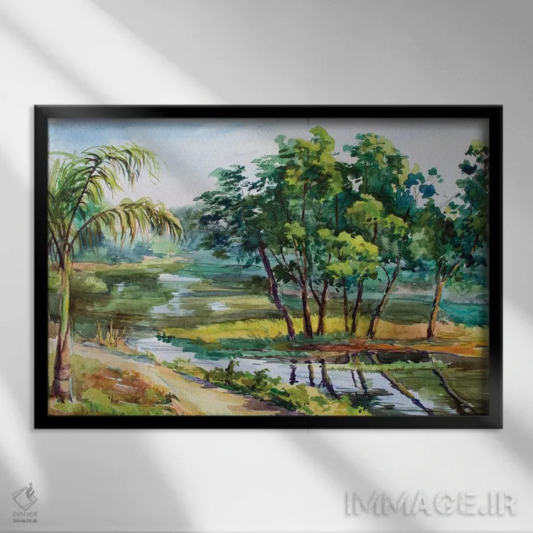 تابلو دکوراتیو ساحل رودخانه یانگون اثر کنتس آرت - نمای قابدار مشکی