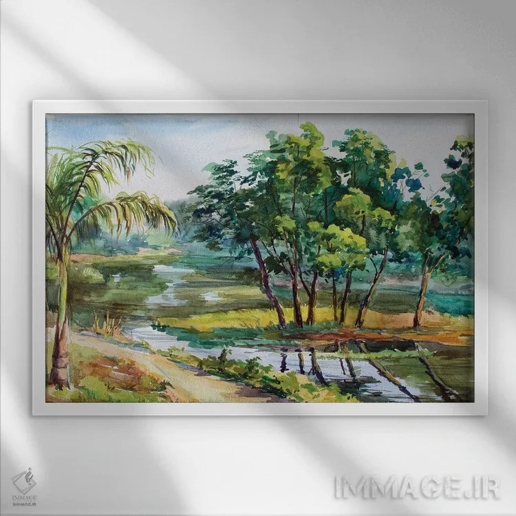 تابلو دکوراتیو ساحل رودخانه یانگون اثر کنتس آرت - نمای قابدار سفید