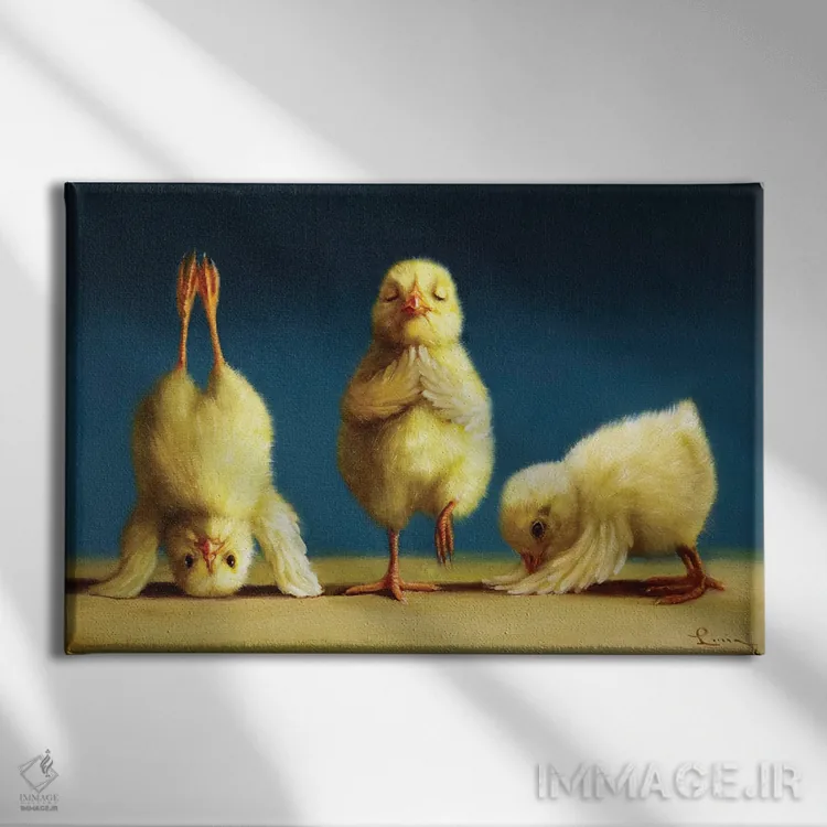 تابلو دکوراتیو جوجه های یوگاکار یک اثر لوسیا هفرنان - نمای روبهرو روی دیوار