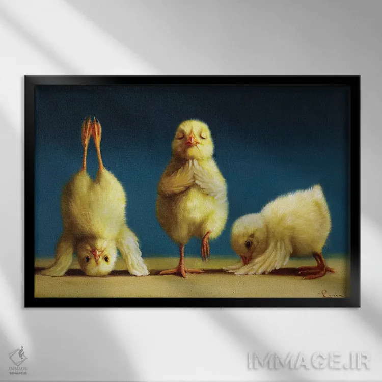 تابلو دکوراتیو جوجه های یوگاکار یک اثر لوسیا هفرنان - نمای قابدار مشکی