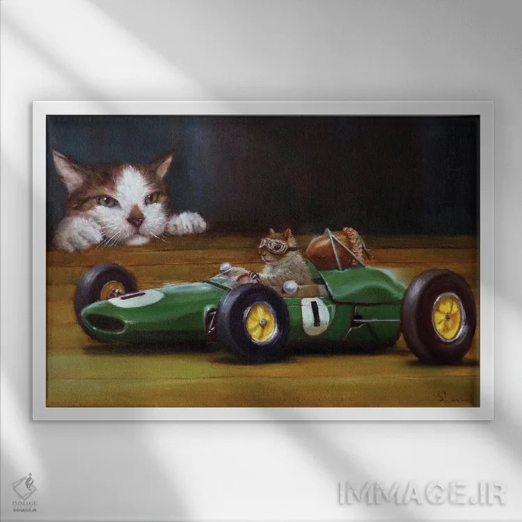 تابلو دکوراتیو دیووانه های خودرو اثر لوسیا هفرنان - نمای قابدار سفید