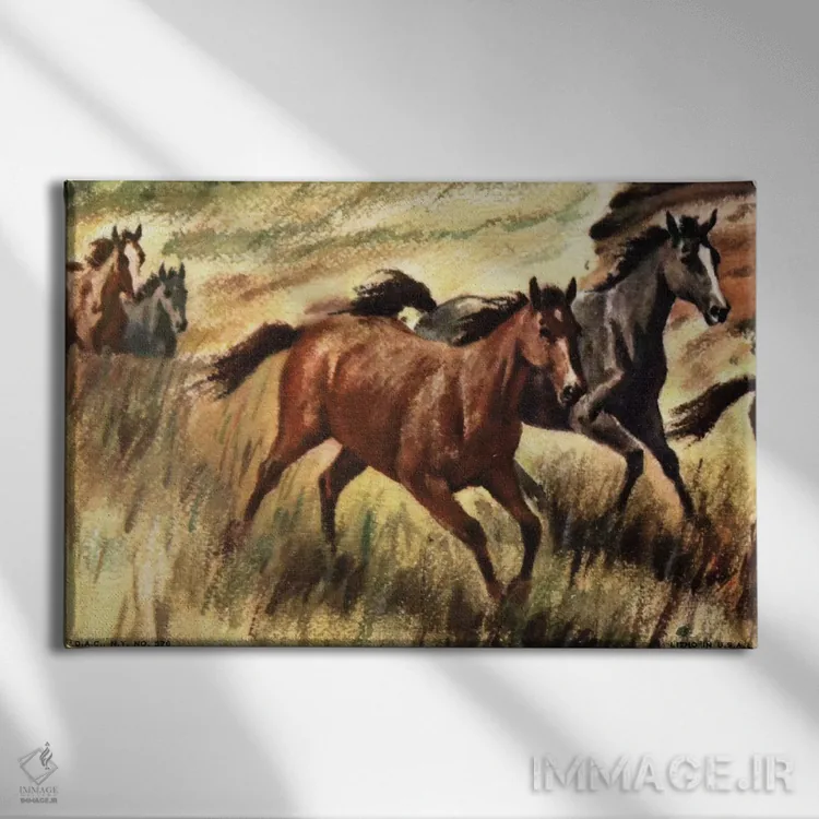 تابلو دکوراتیو اسب های کوچک در حال یورتمه اثر همینگوی دیزاین - نمای روبهرو روی دیوار