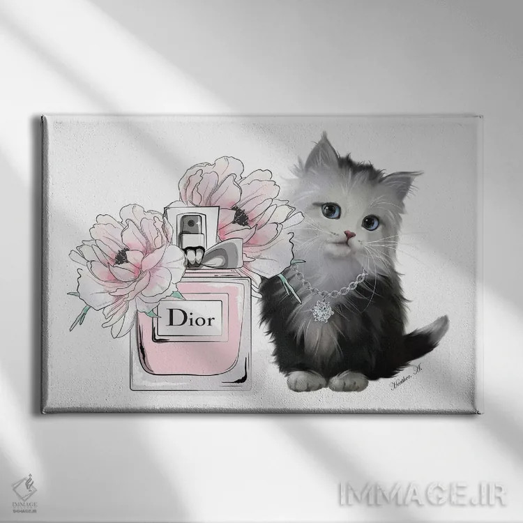تابلو دکوراتیو بچه گربه بامزه و شکوفه عطر اثر هدر گری - نمای روبهرو روی دیوار