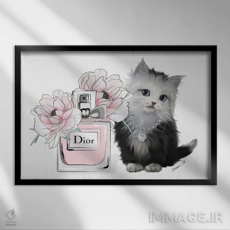 تابلو دکوراتیو بچه گربه بامزه و شکوفه عطر اثر هدر گری - نمای قابدار مشکی