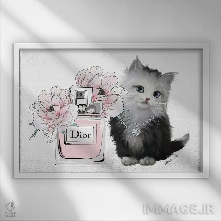 تابلو دکوراتیو بچه گربه بامزه و شکوفه عطر اثر هدر گری - نمای قابدار سفید