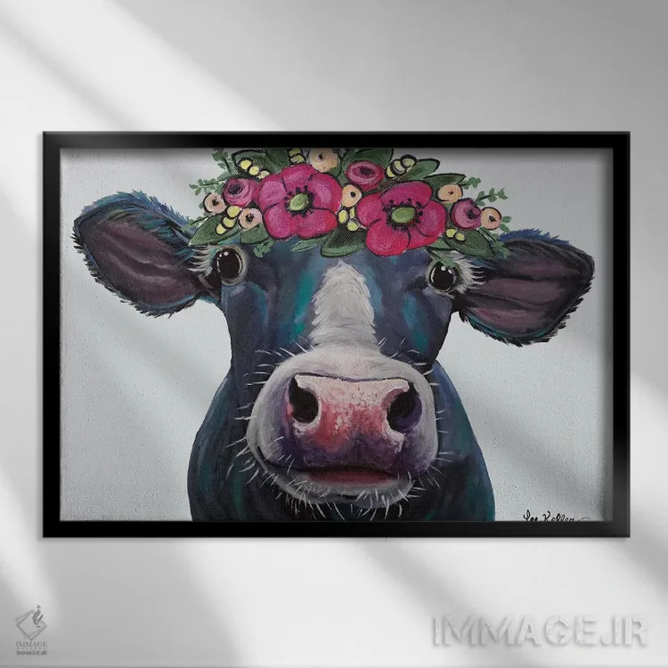 تابلو دکوراتیو گاو اثر هیپی هاوند استودیوز - نمای قابدار مشکی