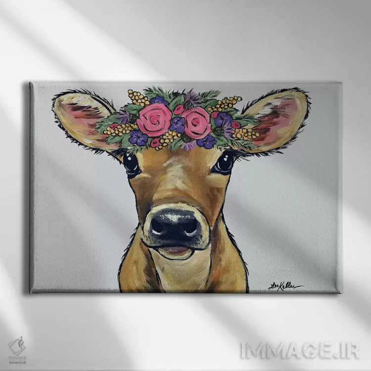 تابلو دکوراتیو بامبی گاو با گل روی زمینه خاکستری اثر هیپی هاوند استودیوز - نمای روبهرو روی دیوار