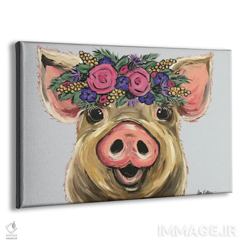 تابلو دکوراتیو پوزی خوک با گل روی زمینه خاکستری اثر هیپی هاوند استودیوز - نمای پرسپکتیو محصول