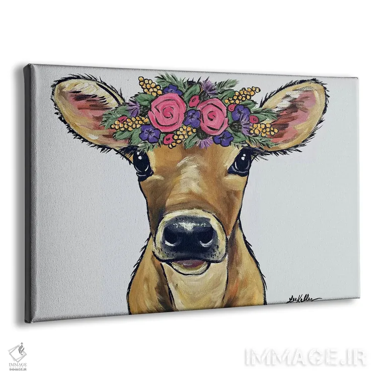 تابلو دکوراتیو بامبی گاو با گل روی زمینه خاکستری اثر هیپی هاوند استودیوز - نمای پرسپکتیو محصول