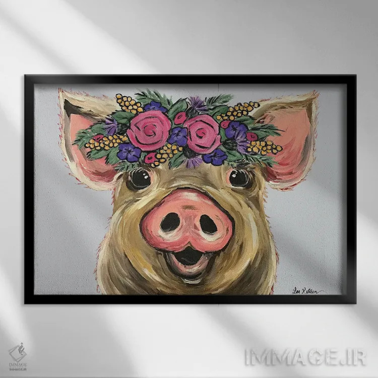 تابلو دکوراتیو پوزی خوک با گل روی زمینه خاکستری اثر هیپی هاوند استودیوز - نمای قابدار مشکی