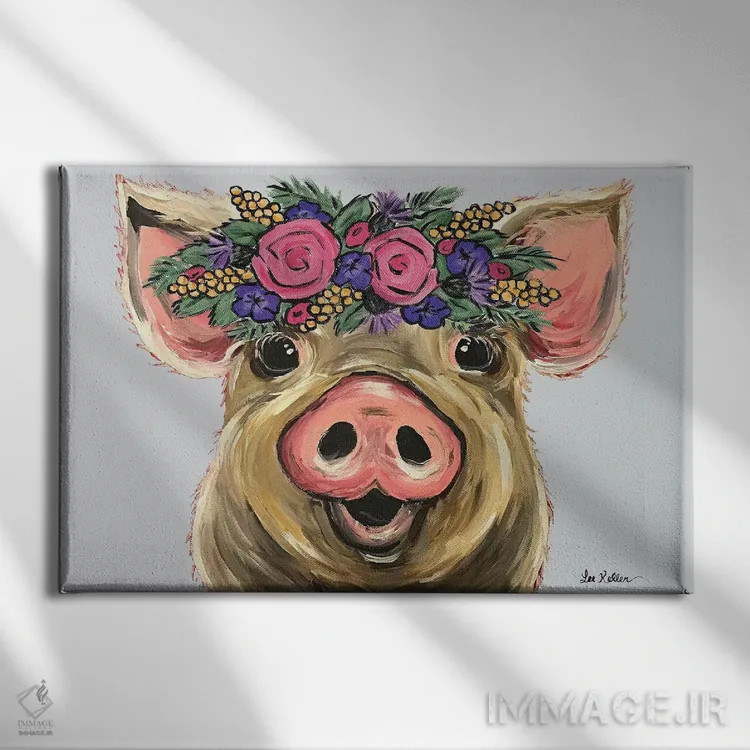 تابلو دکوراتیو پوزی خوک با گل روی زمینه خاکستری اثر هیپی هاوند استودیوز - نمای روبهرو روی دیوار