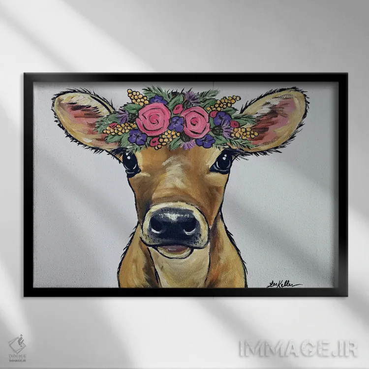 تابلو دکوراتیو بامبی گاو با گل روی زمینه خاکستری اثر هیپی هاوند استودیوز - نمای قابدار مشکی