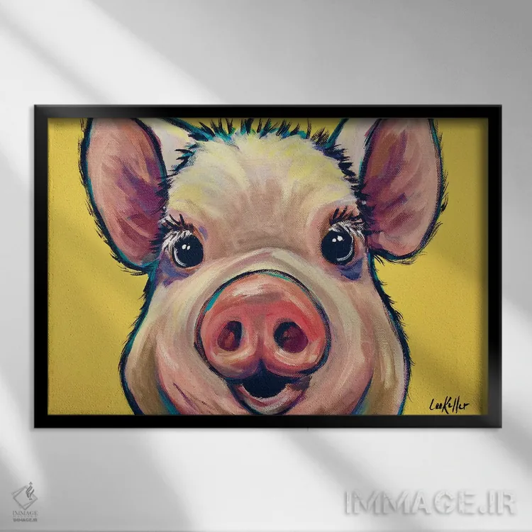 تابلو دکوراتیو مارمالاد خوک روی زرد اثر هیپی هاوند استودیوز - نمای قابدار مشکی