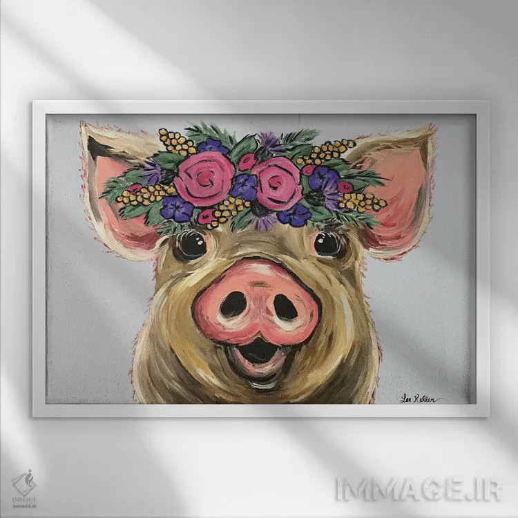 تابلو دکوراتیو پوزی خوک با گل روی زمینه خاکستری اثر هیپی هاوند استودیوز - نمای قابدار سفید