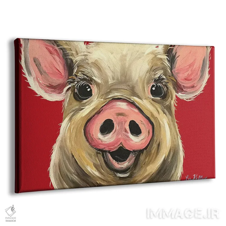 تابلو دکوراتیو خوک روزی روی زمینه قرمز اثر هیپی هاوند استودیوز - نمای پرسپکتیو محصول