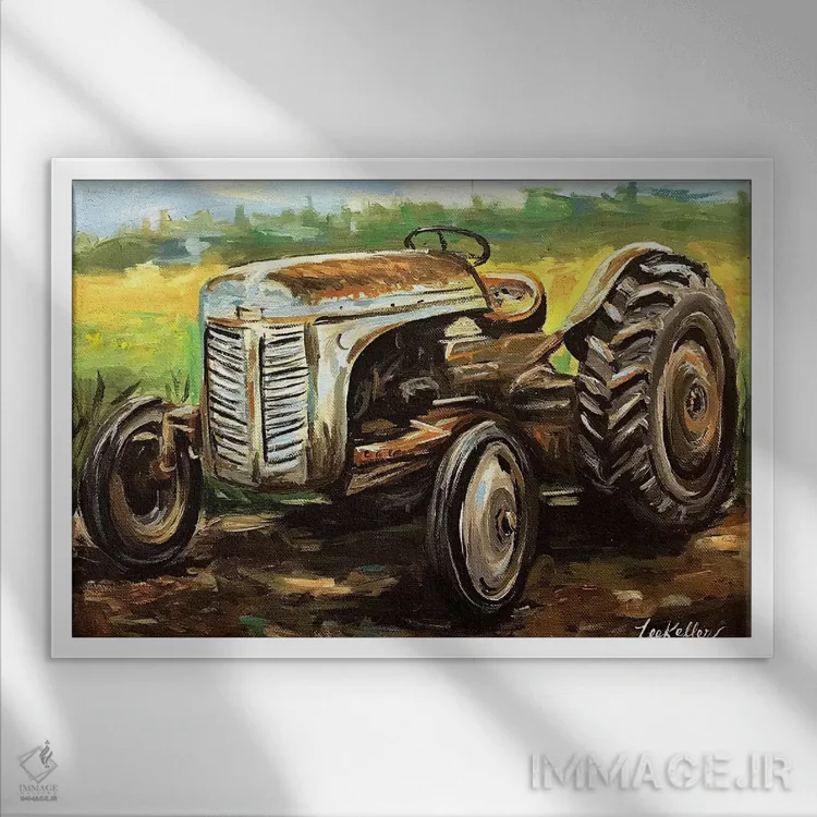 تابلو دکوراتیو تراکتور قدیمی اثر هیپی هاوند استودیوز - نمای قابدار سفید