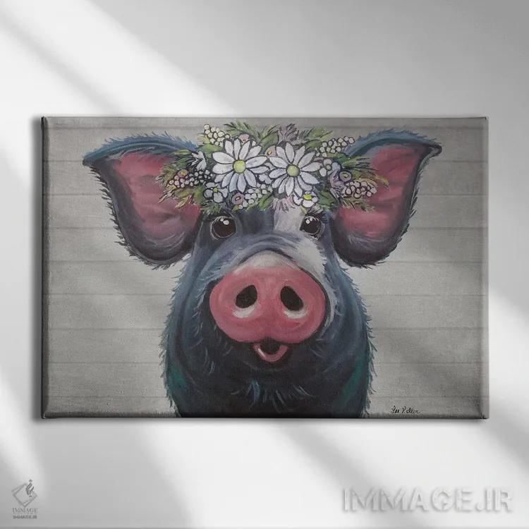 تابلو مدرن لولو خوک با گل های مروارید به سبک روستایی اثر هیپی هاوند استودیوز - نمای روبهرو روی دیوار