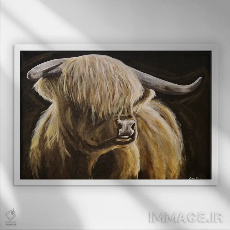 تابلو دکوراتیو کلاید گاو هایلند اثر هیپی هاوند استودیوز - نمای قابدار سفید