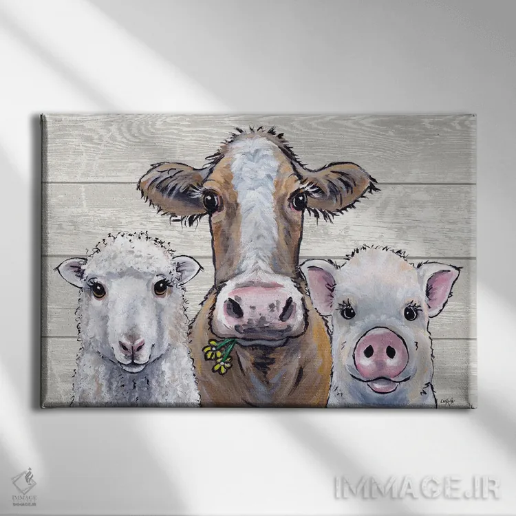 تابلو مدرن سه تایی حیوانات روستایی اثر هیپی هاوند استودیوز - نمای روبهرو روی دیوار