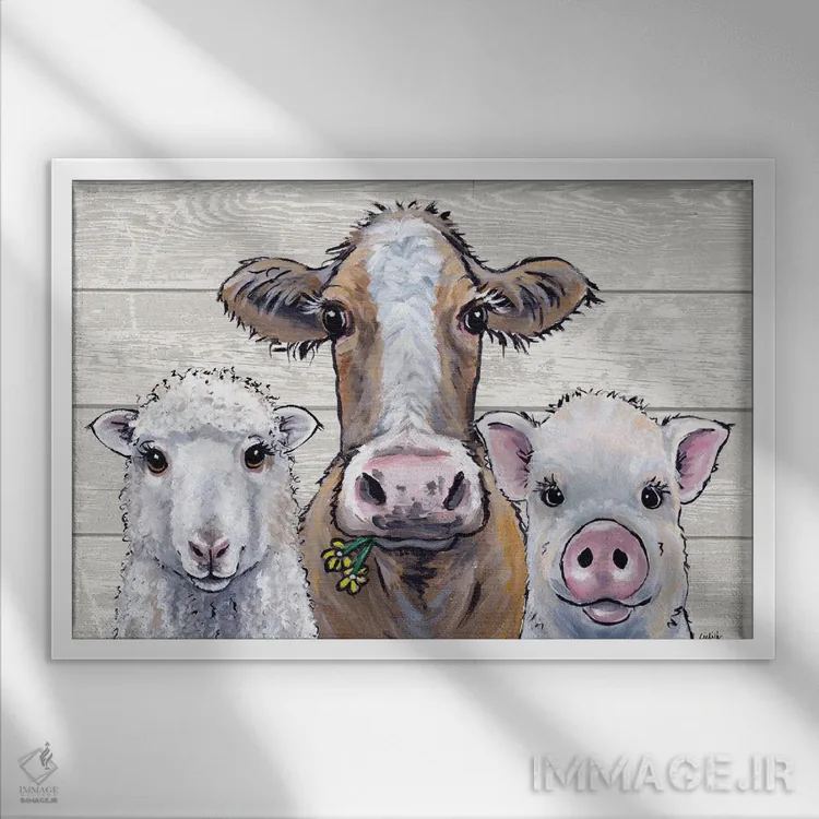 تابلو مدرن سه تایی حیوانات روستایی اثر هیپی هاوند استودیوز - نمای قابدار سفید