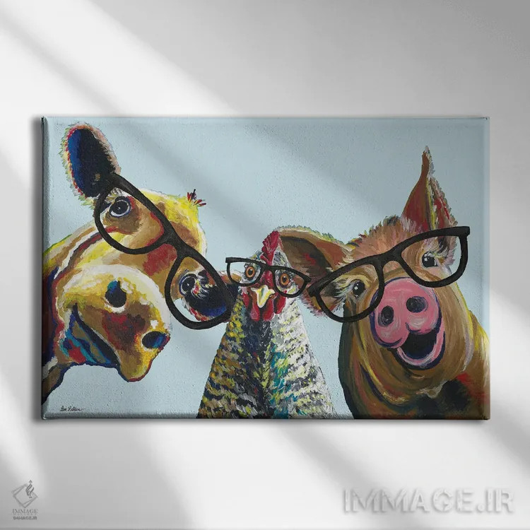 تابلو مدرن سه برابر سرگرمی، سه تایی حیوانات روستایی اثر هیپی هاوند استودیوز - نمای روبهرو روی دیوار