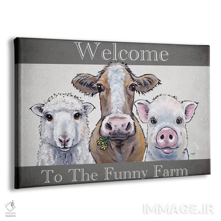 تابلو مدرن خوش آمدید به مزرعه بامزه، سه تایی حیوانات مزرعه اثر هیپی هاوند استودیوز - نمای پرسپکتیو محصول