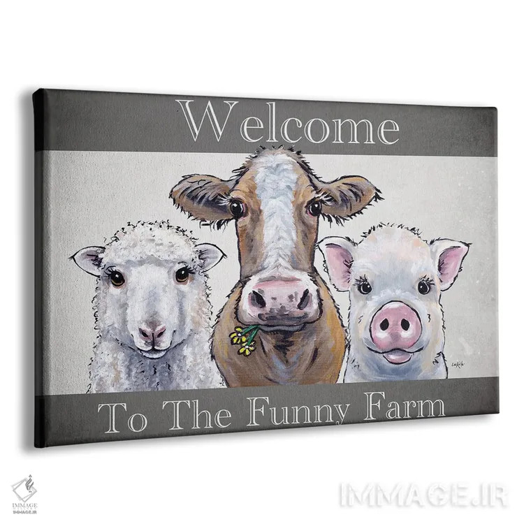 تابلو مدرن خوش آمدید به مزرعه بامزه، سه تایی حیوانات مزرعه اثر هیپی هاوند استودیوز - نمای پرسپکتیو محصول